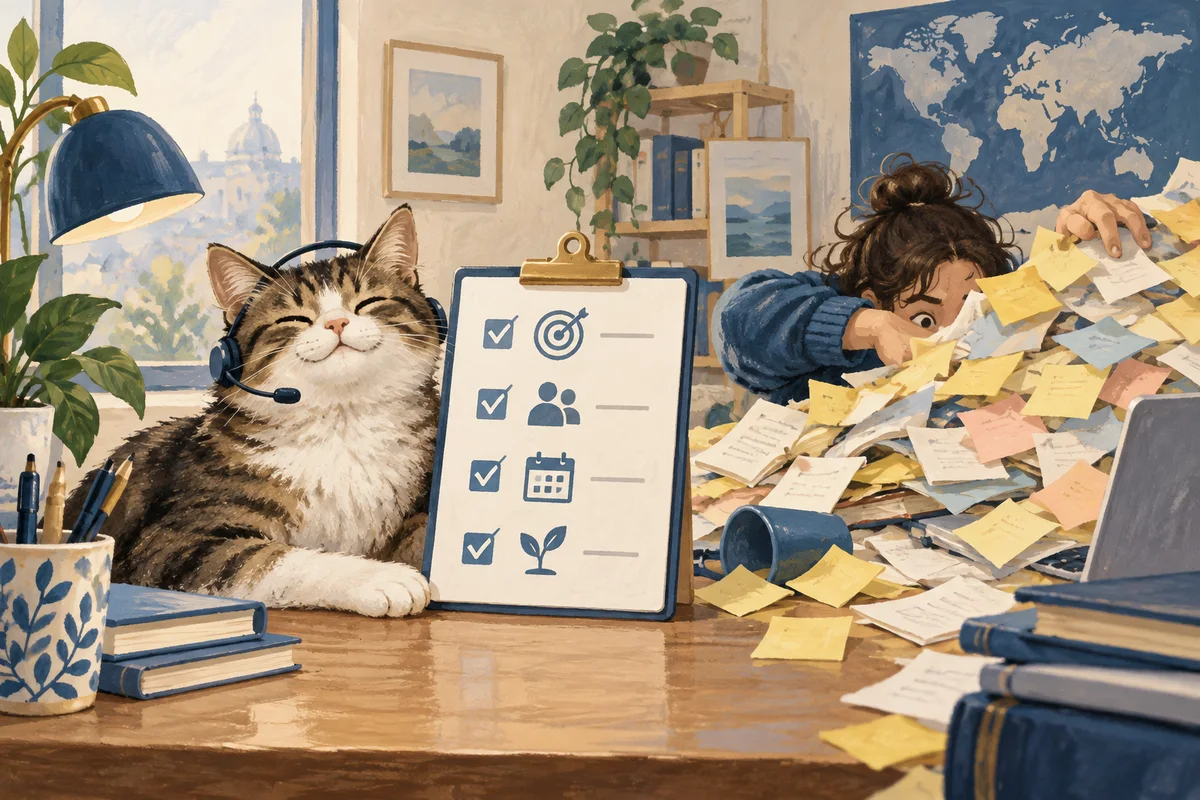 A helpful office cat wears a tiny headset and sits beside an impressively tidy checklist while a human searches under a mountain of sticky notes.